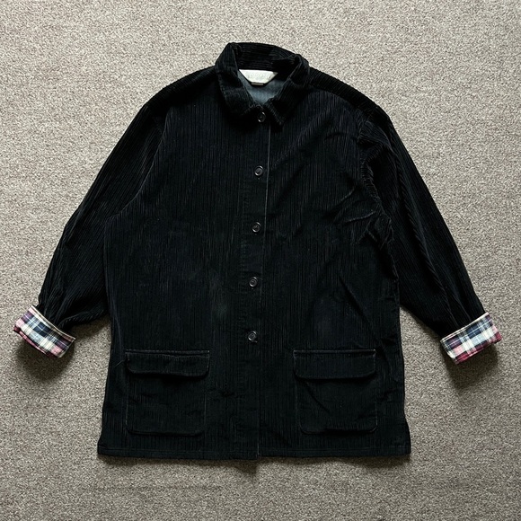 Vintage Lands End Corduroy Button Up Collared Chore Shirt Jacket Black Women’s L - Picture 1 of 16